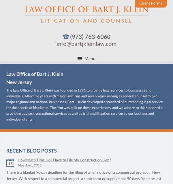 Mobile Friendly Law Firm Webiste for Law Office of Bart J. Klein
