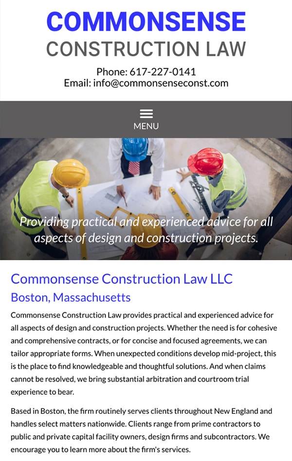 Mobile Friendly Law Firm Webiste for Commonsense Construction Law