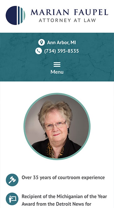 Responsive Mobile Attorney Website for Marian Faupel, Attorney at Law