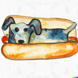 DALL·E 2023-02-28 20.10.18 - a watercolor sketch dog in a hotdog bun