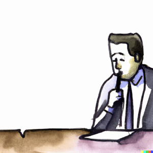 DALL·E 2023-02-28 20.39.55 - a watercolor sketch of lawyer anxiously staring at a blank page holding a pen