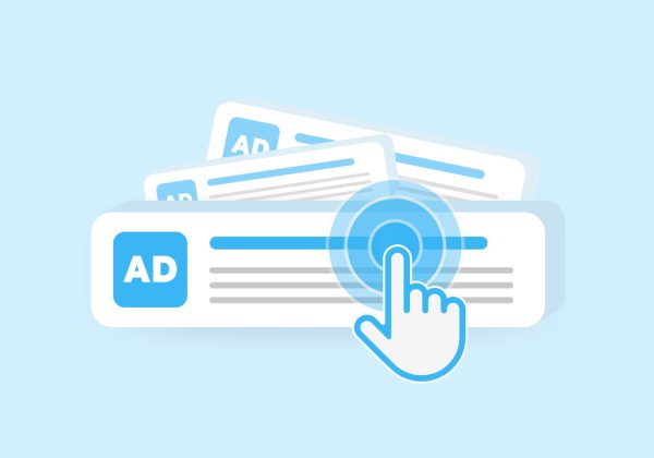 Targeted contextual ppc advertising or banner online ads concept. Contextual Digital Marketing, Behavioral Targeting or Retargeting illustration. Cursor icon clicks on advertisement among many others