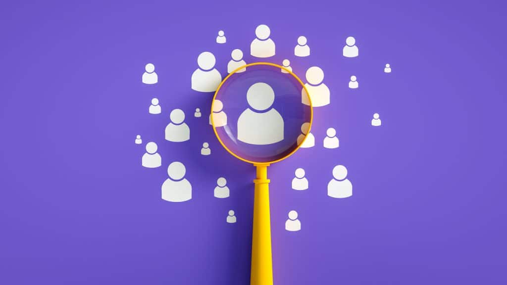 Lead generation, tracking, and evaluation concept. Magnifier And People Icon On Purple Background